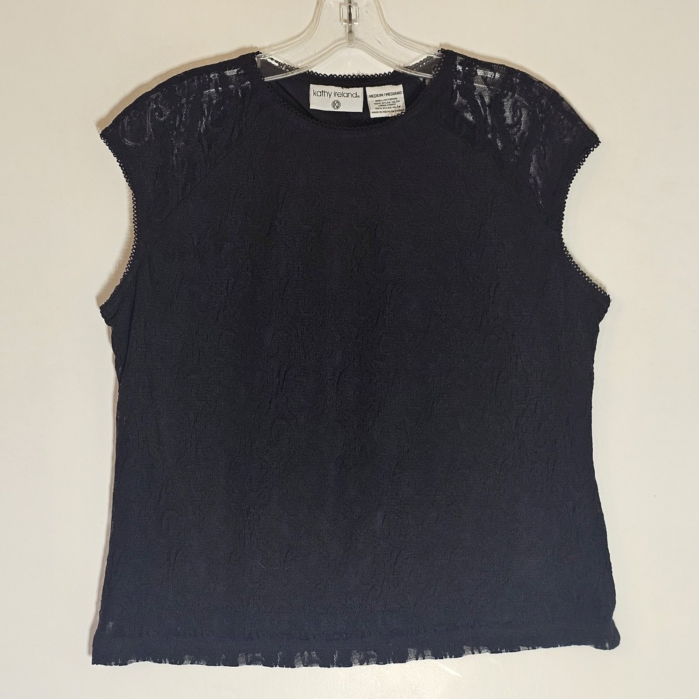 Kathy Ireland Top Womens Medium Black Lace Sheer Mesh Cap Sleeve Dainty Punk Y2K